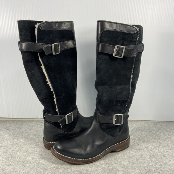 UGG Dunwich Knee High Tall Black Suede Leather Winter Riding Boot Womens Size 7 - Picture 12 of 16